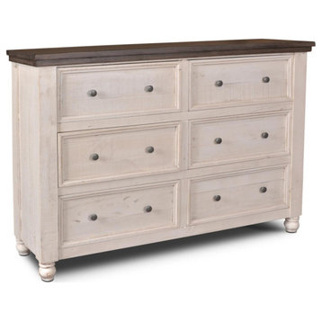 Rustic French 6 Drawer Double Dresser, Distressed White And Brown Solid Wood