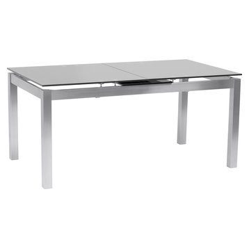 Ivan Extension Dining Table, Brushed Stainless Steel and Gray Tempered Glass Top