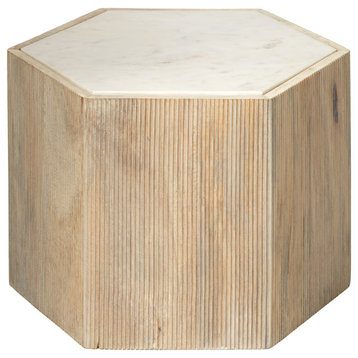 Medium Argan Hexagon Table, Natural Wood and White Marble