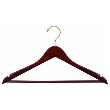 Walnut Finish Wooden Suit Hanger With Pant Bar and Brass Hook, Box of 8