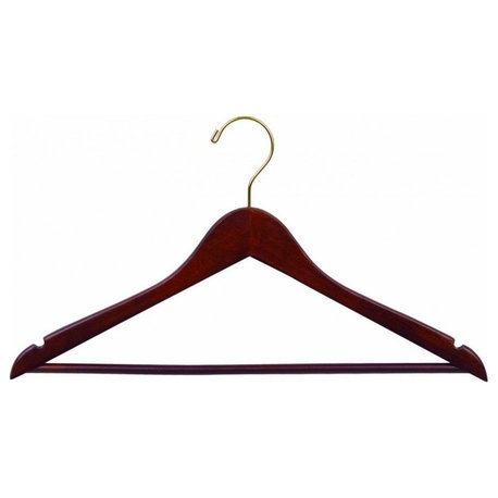 Walnut Finish Wooden Suit Hanger With Pant Bar and Brass Hook, Box of 8