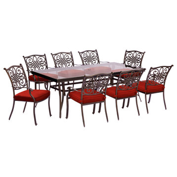 Traditions 9-Piece Dining Set, Red With 84x41" Glass-Top Dining Table