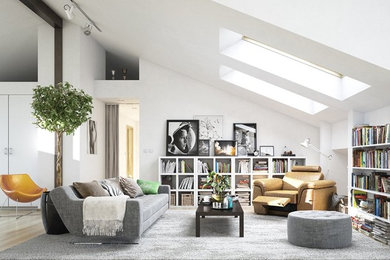 Inspiration for a large scandinavian open concept light wood floor and gray floor living room library remodel in Orange County with white walls, no fireplace and no tv