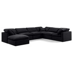 Meridian Furniture - Indulge Upholstered Modular U-Shaped Sectional, Black, 7-Piece: 3 Armless Chair, 3 Corner Chair, 1 Ottoman, Down Stuffed Velvet - Experience ultimate comfort and style with our black velvet Indulge Sectional. The luxurious velvet will elevate the aesthetic of any room. This sofa provides ample space for you to relax while its modular build offers the option of unlimited configurations. Whether you're looking to add a stylish element to your living room or a comfortable seating option to your bedroom, this sofa is the perfect choice.