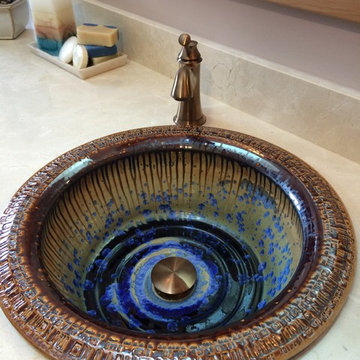 Rustic Master Bath Natural Stone Shower Unit w/ Ceramic Pottery sink Design