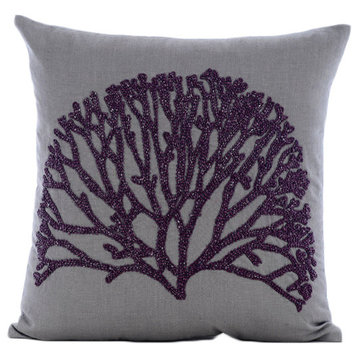 Faraway Tree, Gray Cotton Linen 14"x14" Throw Pillow Cover