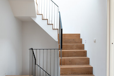 Exemple d'un escalier tendance de taille moyenne avec des marches en bois, des contremarches en bois et un garde-corps en métal.