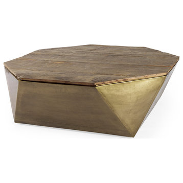 Esagono Gold Metal & Reclaimed Wood Octagonal Coffee Table w/ Storage