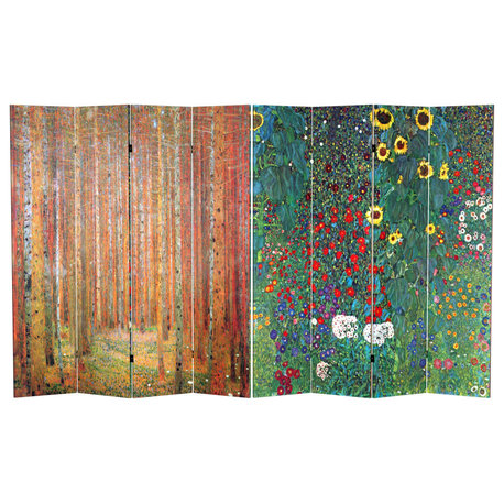 6' Tall Double Sided Works of Klimt Room Divider, Tannenwald/Farm Garden