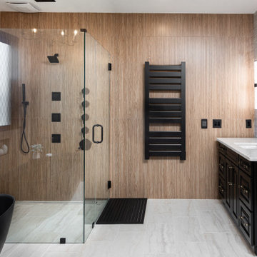 Modern Luxury Master Bathroom with Black Solid Surface Tub