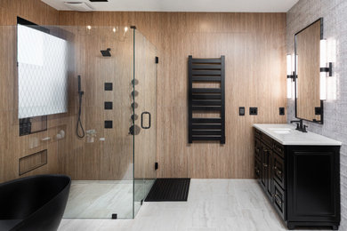 Large minimalist master porcelain tile porcelain tile and double-sink bathroom photo in Atlanta with furniture-like cabinets, black cabinets, a bidet, an undermount sink, quartz countertops and a built-in vanity