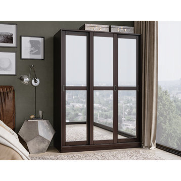 100% Solid Wood 3-Sliding Door Wardrobe/Armoire/Closet, Java-Mirrored