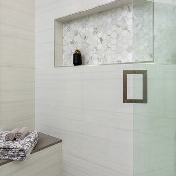 Ensuite Guest Shower with Bench with Extra Large Porcelain Wall Tile for Fewer G