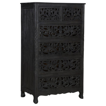 Lawrence 54" Tall Floral Carved Chest, Distressed Black