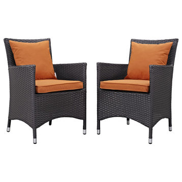 Set of 2 Patio Dining Chair, Brown Rattan Frame and Comfortable Cushion, Orange