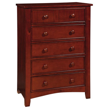 Transitional Tall Dresser, 5 Drawers, Top One With Plank Pattern, Cherry