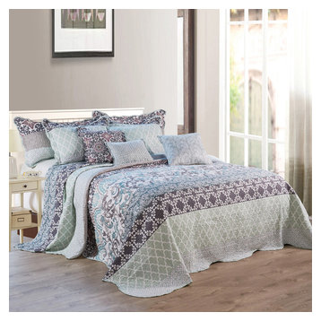 Tache Watercolor Spring Time Blue White Patchwork Quilted Coverlet Bedspread Set 