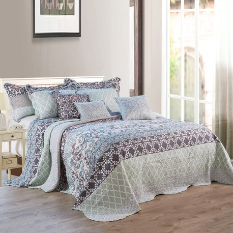 Royal Scroll 9-Piece Bedspread Set, Teal, Oversized King, 122"x106"