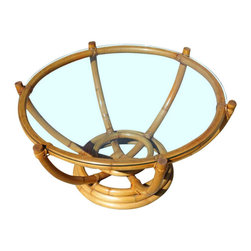 Restored Six-Pole Rattan Coffee Table with Floating Glass Top - Coffee Tables