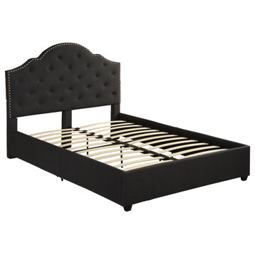 Elegant Queen Platform Bed, Button Tufted Fabric Headboard & Nailhead, Black