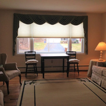 Custom Designed & Colored Sculpted Area Rug, Swag & Jabots over Cellular Shades