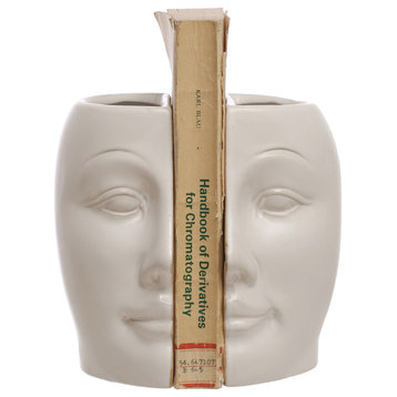 6.75 Inches Sculpted Stoneware Face Vases With Reactive Glaze, White, Set of 2