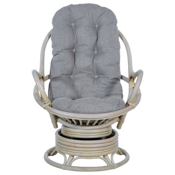 Lanai Rattan Swivel Rocker Chair, Gray Fabric With White Wash Frame