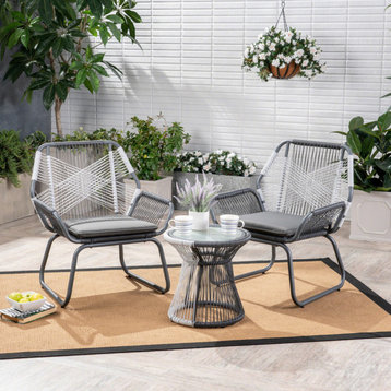 GDF Studio 3-Piece Ava Outdoor Rope and Steel Chat Set, Gray Finish and White