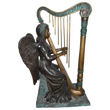 Angel playing a harp bronze statue -  Size: 30"L x 15"W x 44"H.