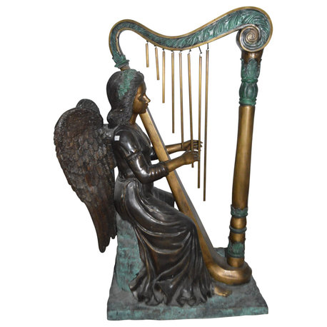 Angel playing a harp bronze statue -  Size: 30"L x 15"W x 44"H.