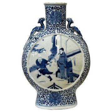 Chinese Blue White Porcelain Oriental Scenery Round Shape Flat Vase Hws3047