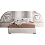 Meridian Furniture - Cleo Velvet Upholstered Bed With Custom Gold Steel Legs, Cream, King - Enjoy sweet dreams in this beautiful Cleo cream velvet king size bed. The tall, luxurious velvet headboard is upholstered in a channel-tufted style, flanked by removable fan-shaped side pieces. The footboard and rails are comfortably upholstered in soft cream velvet as well, with gold steel legs supporting the frame. Matching pieces are available in the same collection, allowing you to complete the contemporary style of this look for an elegantly glamorous bedroom.