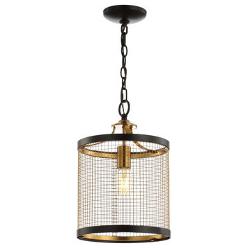 Elena 10" Lantern Metal LED Pendant, Black, Brass Gold