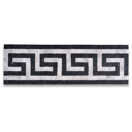 Greek Key Mosaic Border Carrara White Black Marble Listello Tile Honed, 1 piece