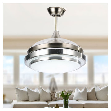 Modern Ceiling Fan with Light and Remote, Retractable Bedroom Ceiling Fan, Silve