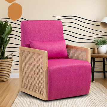 Modern Accent Chair, Swiveling Linen Upholstered Seat & Rattan Sides, Rose Red