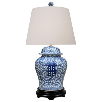 Porcelain Ginger Jar Table Lamp, Blue and White, Double Happiness, 28.5"