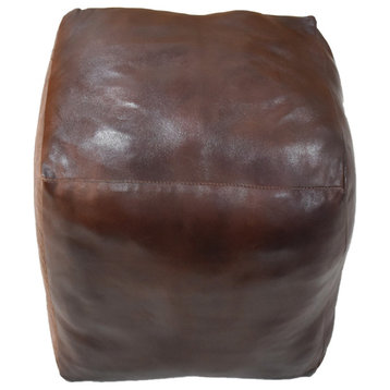 Solid Handmade Leather Pouf (Recycled Foam with Fibre Fill) PF12, Brown, {Square] 16x16x16