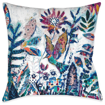 Floral Bird Patches Outdoor Pillow, 18"x18"