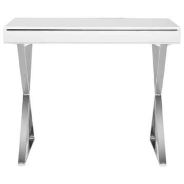 Contemporary Desk, X-Shaped Chrome Legs & Thin Pull Down Compartment, White
