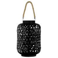 Bamboo Round Lantern with Triangle Cutouts and Hemp Rope Handle, Black