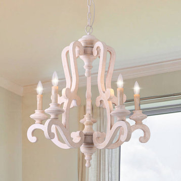 5-Light Wood Chandelier French Country Pendant Light for Kitchen Island, Cream White