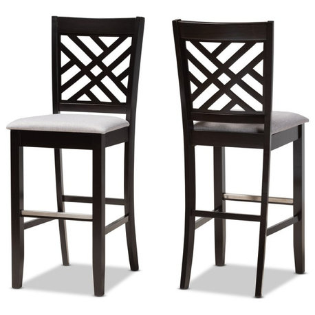 Bowery Hill Gray Upholstered Espresso Wood 2-Piece Bar Stool Set