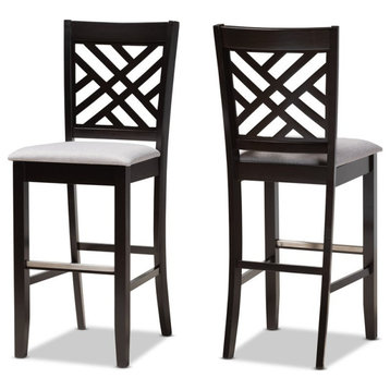 Bowery Hill Gray Upholstered Espresso Wood 2-Piece Bar Stool Set