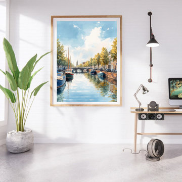 Warm Neutral Artwork City and Canals Canvas Art - Historic European Waterfront P