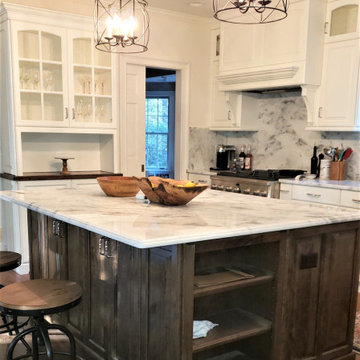 White Cabinets / Dark Stained Island / Shadow Storm Granite