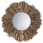 Uttermost - Hemani Modern Round Sunburst Mirrors - The Decorative Hand Forged And Hand Hammered Metal Frame Has An Antiqued Gold Leaf Finish With Burnished Edges And A Light Gray Wash. Mirror Has A Generous 1 1/4" Bevel.