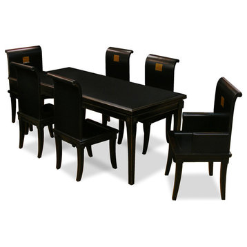 Distressed Black Elmwood Zhou Yi Design Rectangle Oriental Dining Set 6 Chairs