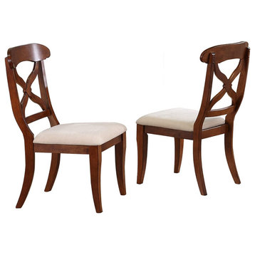 Set of 2 Dining Chair, X-Contoured Back & Cushioned Seat, Distressed Chestnut