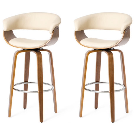 Bentwood Swivel Bar Chair, PU Leather, Set of 2, Cream